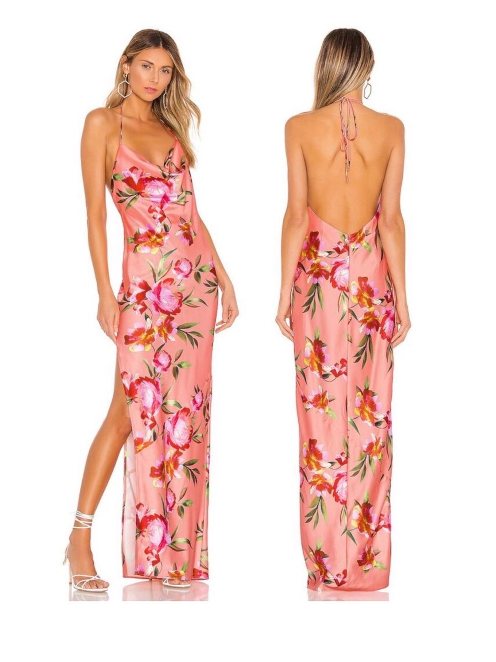 NBD Pink Floral Backless Halter Slip Maxi Dress